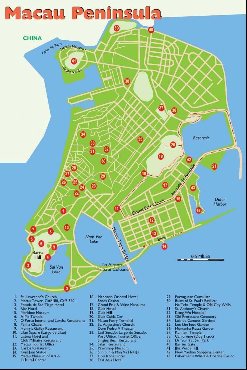マカオ観光スポットを地図
